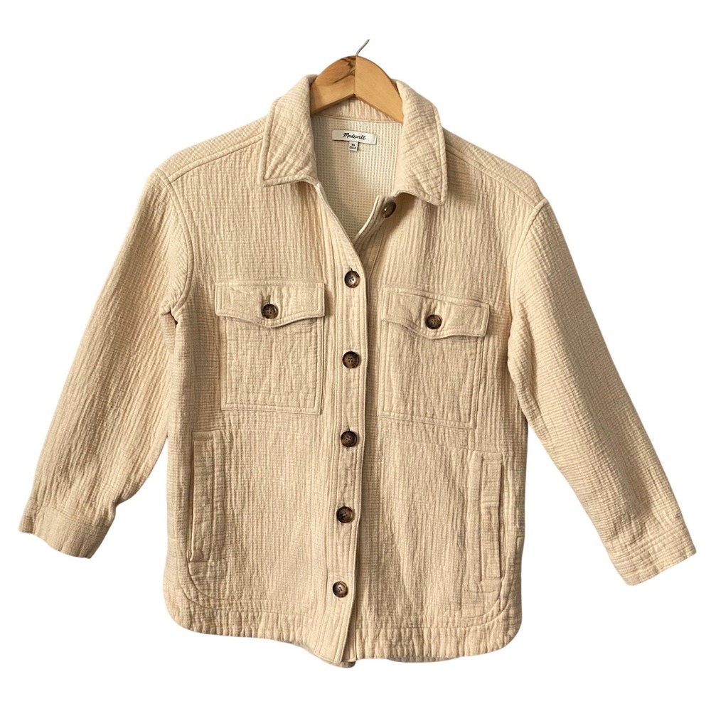 Madewell Womens Cream Double Gauze Waffle Lined Shirt Jacket Shacket XS Ivory
